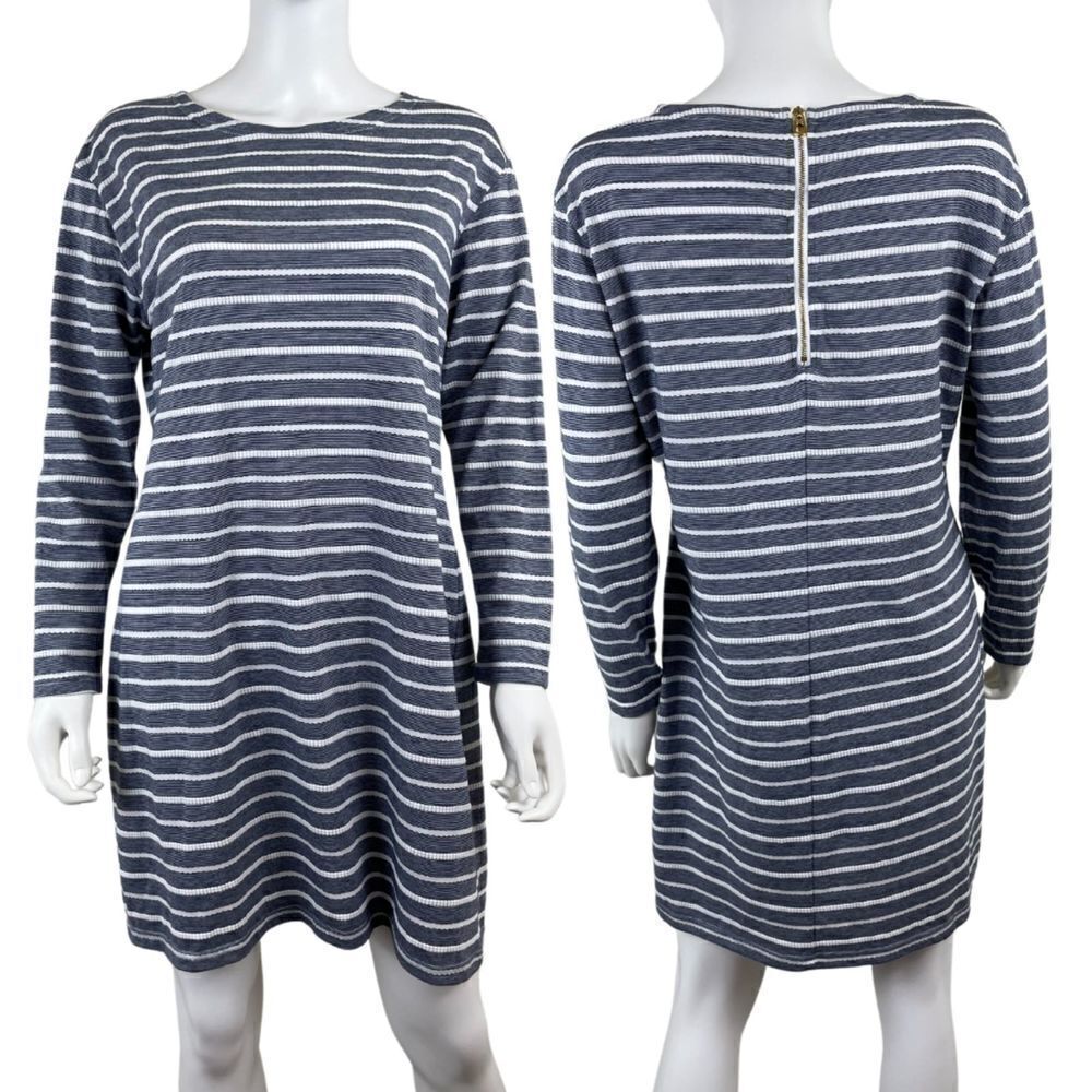 Sail to Sable Womens Size L Blue White Textured Striped Cotton Mini Shift Dress